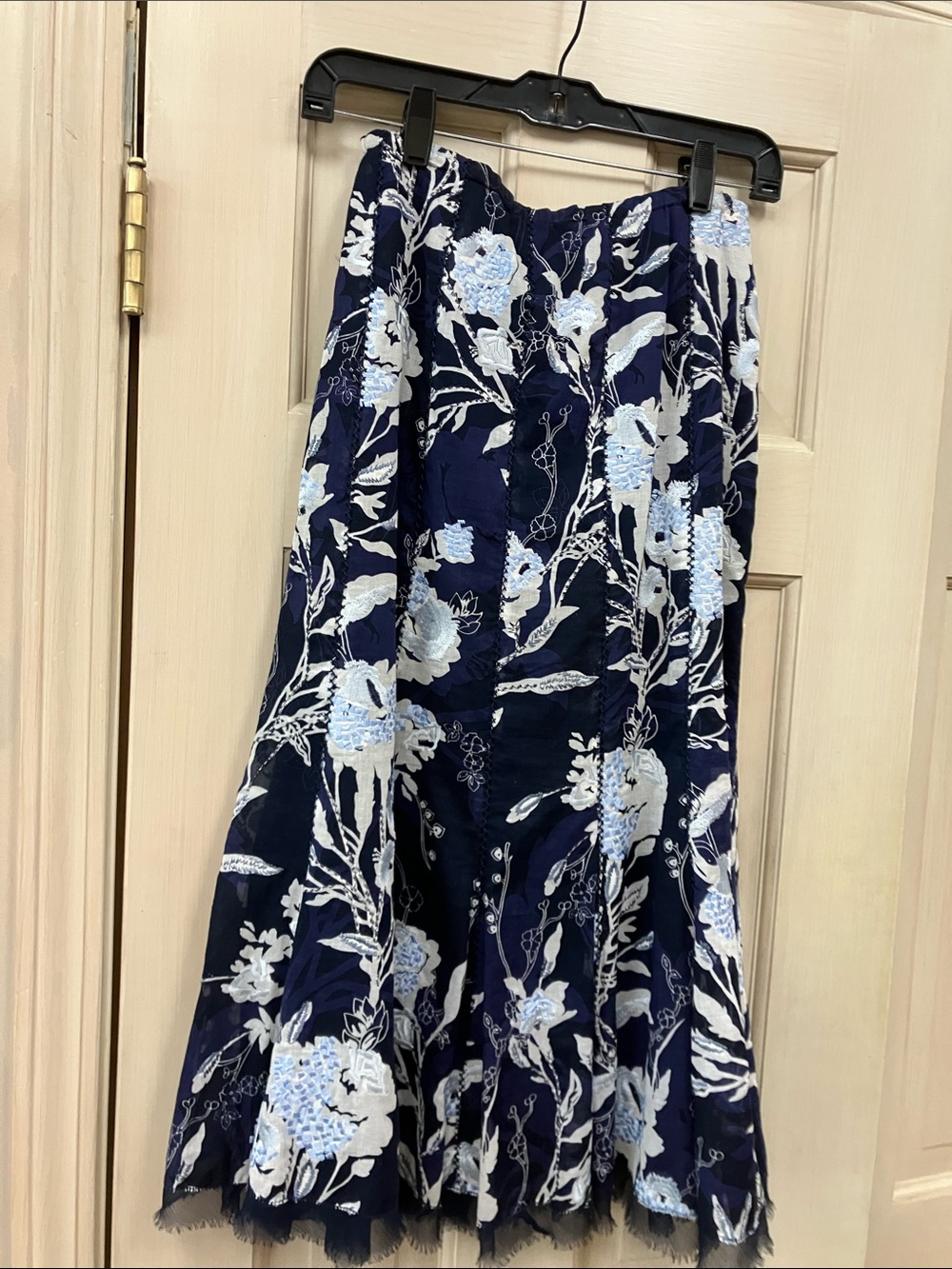Per Se Navy Floral Maxi Skirt with Light Blue & White Embroidery
